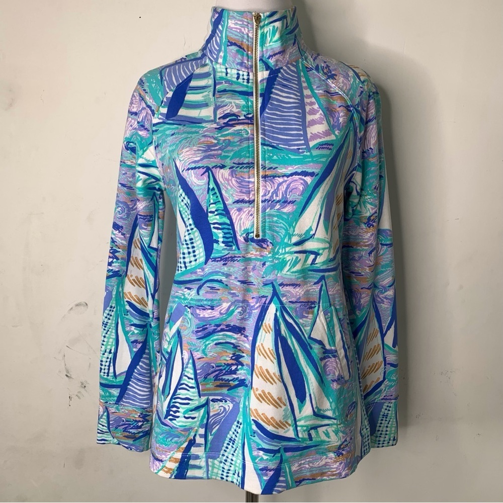 Lilly Pulitzer #20600 Women's UPF 50+ Skipper Printed Blue/White Popover Size XS